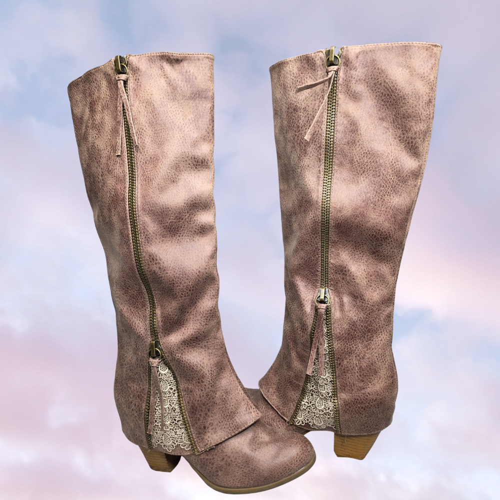 Vtg Y2k Not Rated Brown Tall Fold Over Lace Coquette Baby Doll Heel Boots Sz 7.5